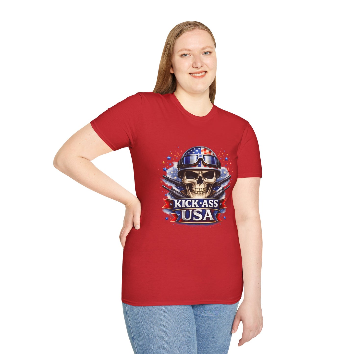 Unisex — Men's and Women's — Kick-Ass USA Skull T-Shirt — Patriotic American Flag Military Helmet Tee