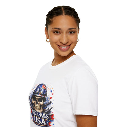 Unisex — Men's and Women's — Kick-Ass USA Skull T-Shirt — Patriotic American Flag Military Helmet Tee