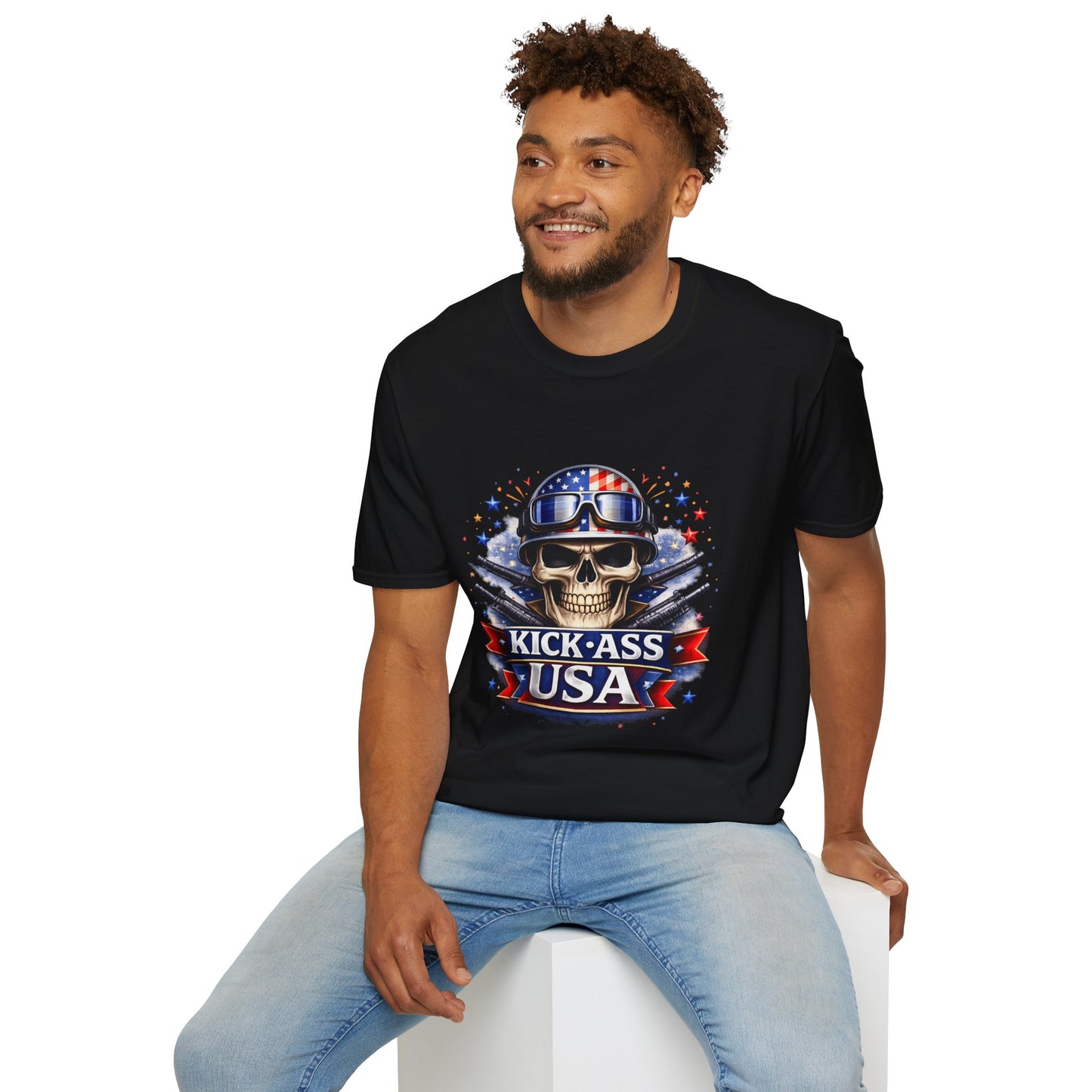 Unisex — Men's and Women's — Kick-Ass USA Skull T-Shirt — Patriotic American Flag Military Helmet Tee