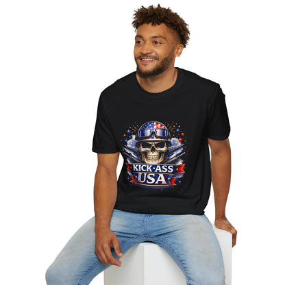 Unisex — Men's and Women's — Kick-Ass USA Skull T-Shirt — Patriotic American Flag Military Helmet Tee