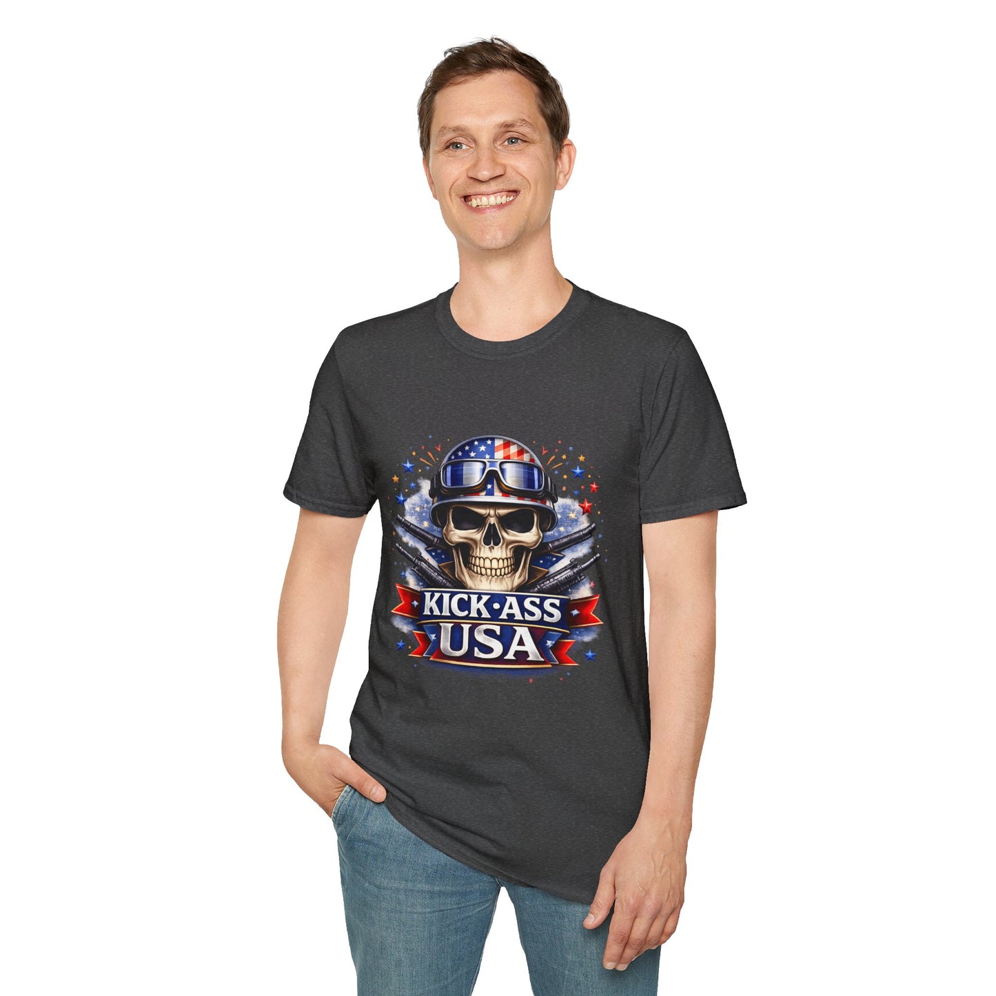 Unisex — Men's and Women's — Kick-Ass USA Skull T-Shirt — Patriotic American Flag Military Helmet Tee