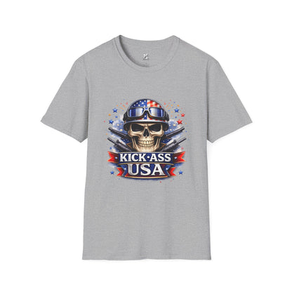 Unisex — Men's and Women's — Kick-Ass USA Skull T-Shirt — Patriotic American Flag Military Helmet Tee