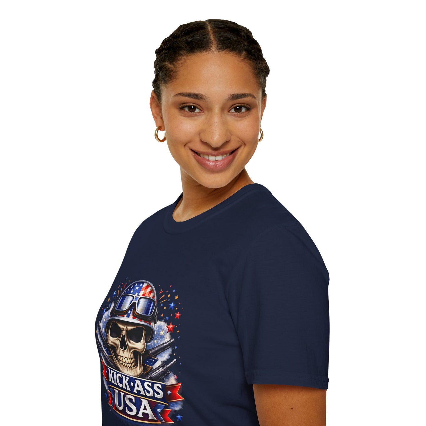 Unisex — Men's and Women's — Kick-Ass USA Skull T-Shirt — Patriotic American Flag Military Helmet Tee