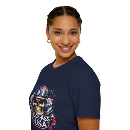 Unisex — Men's and Women's — Kick-Ass USA Skull T-Shirt — Patriotic American Flag Military Helmet Tee