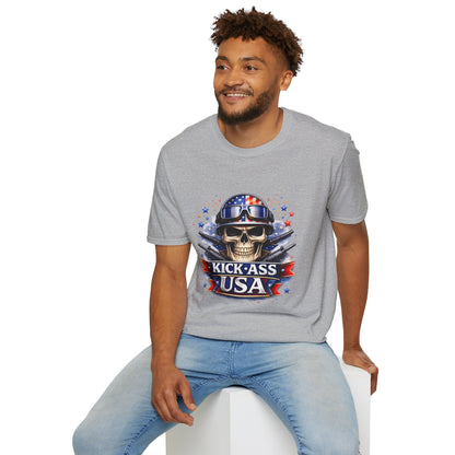 Unisex — Men's and Women's — Kick-Ass USA Skull T-Shirt — Patriotic American Flag Military Helmet Tee