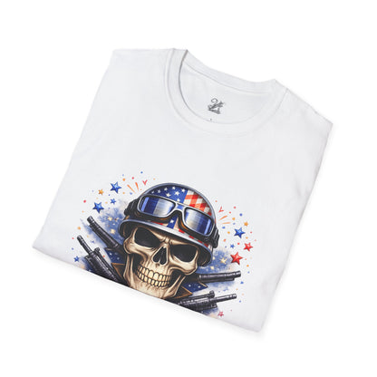 Unisex — Men's and Women's — Kick-Ass USA Skull T-Shirt — Patriotic American Flag Military Helmet Tee