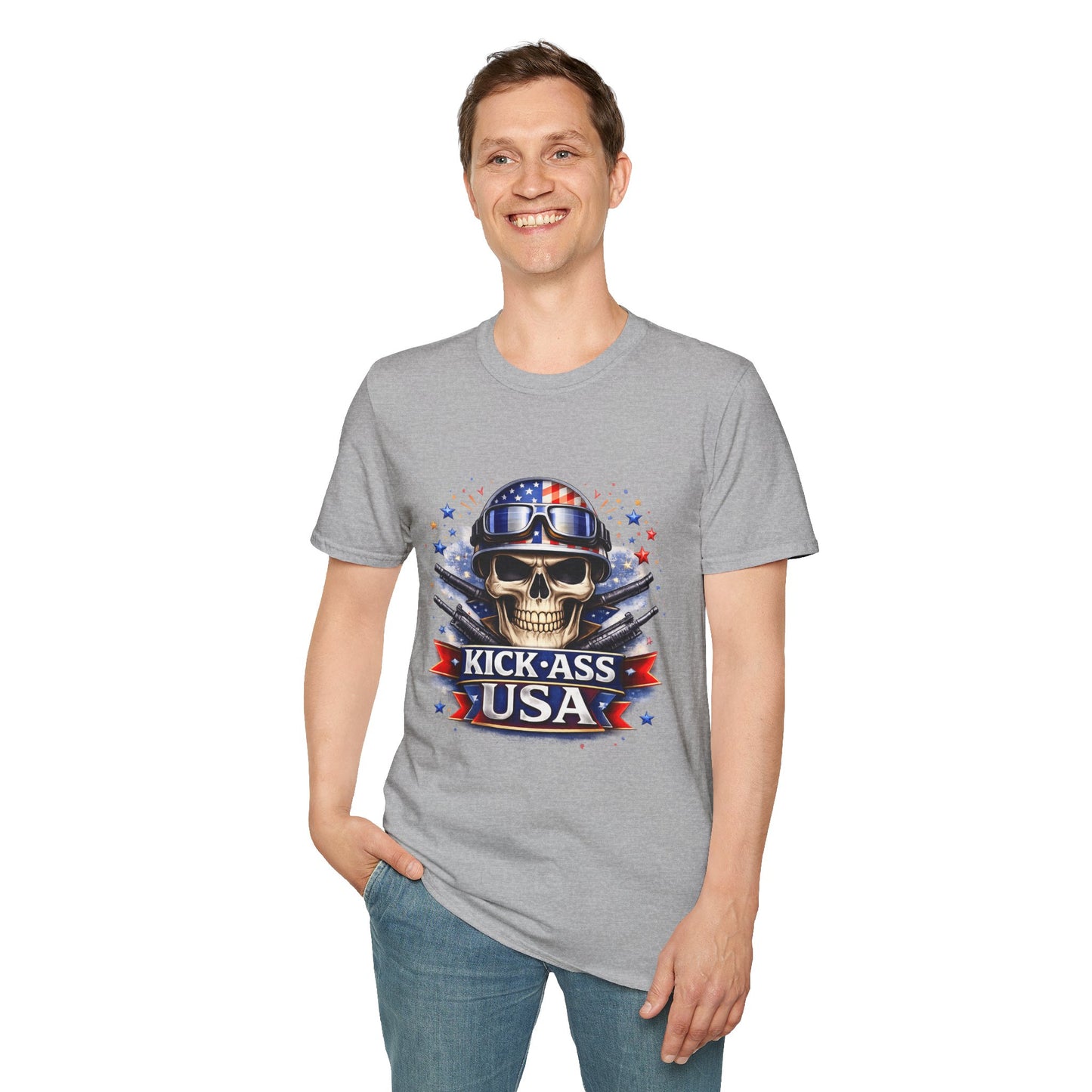 Unisex — Men's and Women's — Kick-Ass USA Skull T-Shirt — Patriotic American Flag Military Helmet Tee