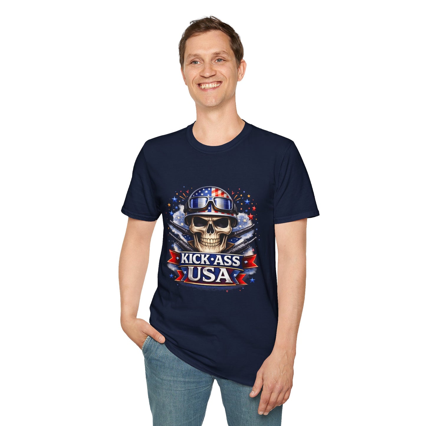 Unisex — Men's and Women's — Kick-Ass USA Skull T-Shirt — Patriotic American Flag Military Helmet Tee