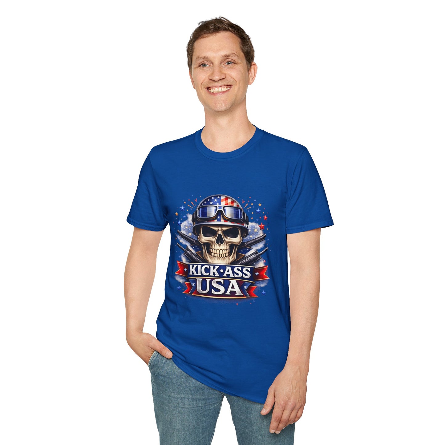 Unisex — Men's and Women's — Kick-Ass USA Skull T-Shirt — Patriotic American Flag Military Helmet Tee