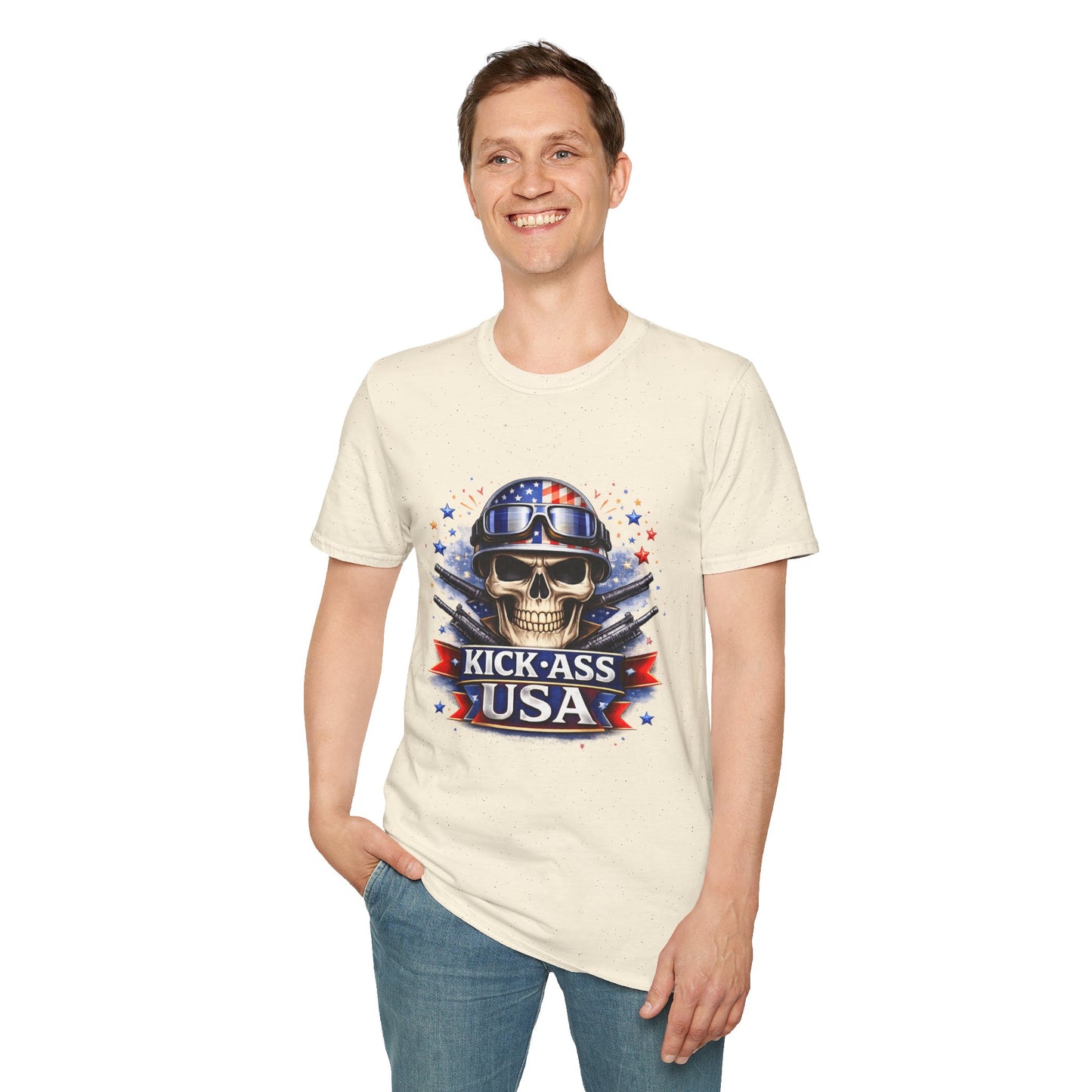 Unisex — Men's and Women's — Kick-Ass USA Skull T-Shirt — Patriotic American Flag Military Helmet Tee