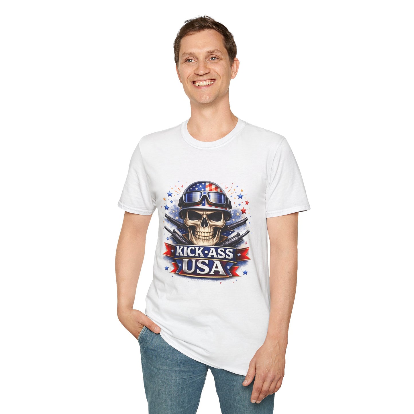 Unisex — Men's and Women's — Kick-Ass USA Skull T-Shirt — Patriotic American Flag Military Helmet Tee