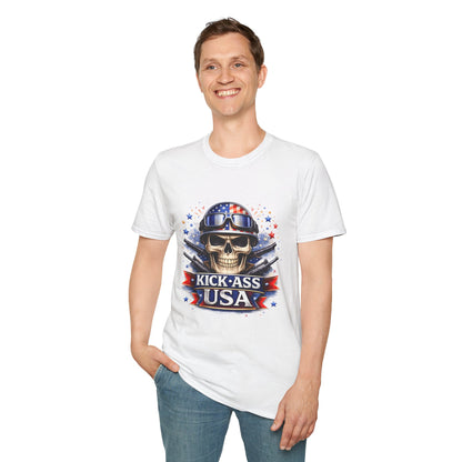 Unisex — Men's and Women's — Kick-Ass USA Skull T-Shirt — Patriotic American Flag Military Helmet Tee