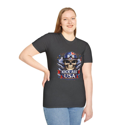 Unisex — Men's and Women's — Kick-Ass USA Skull T-Shirt — Patriotic American Flag Military Helmet Tee