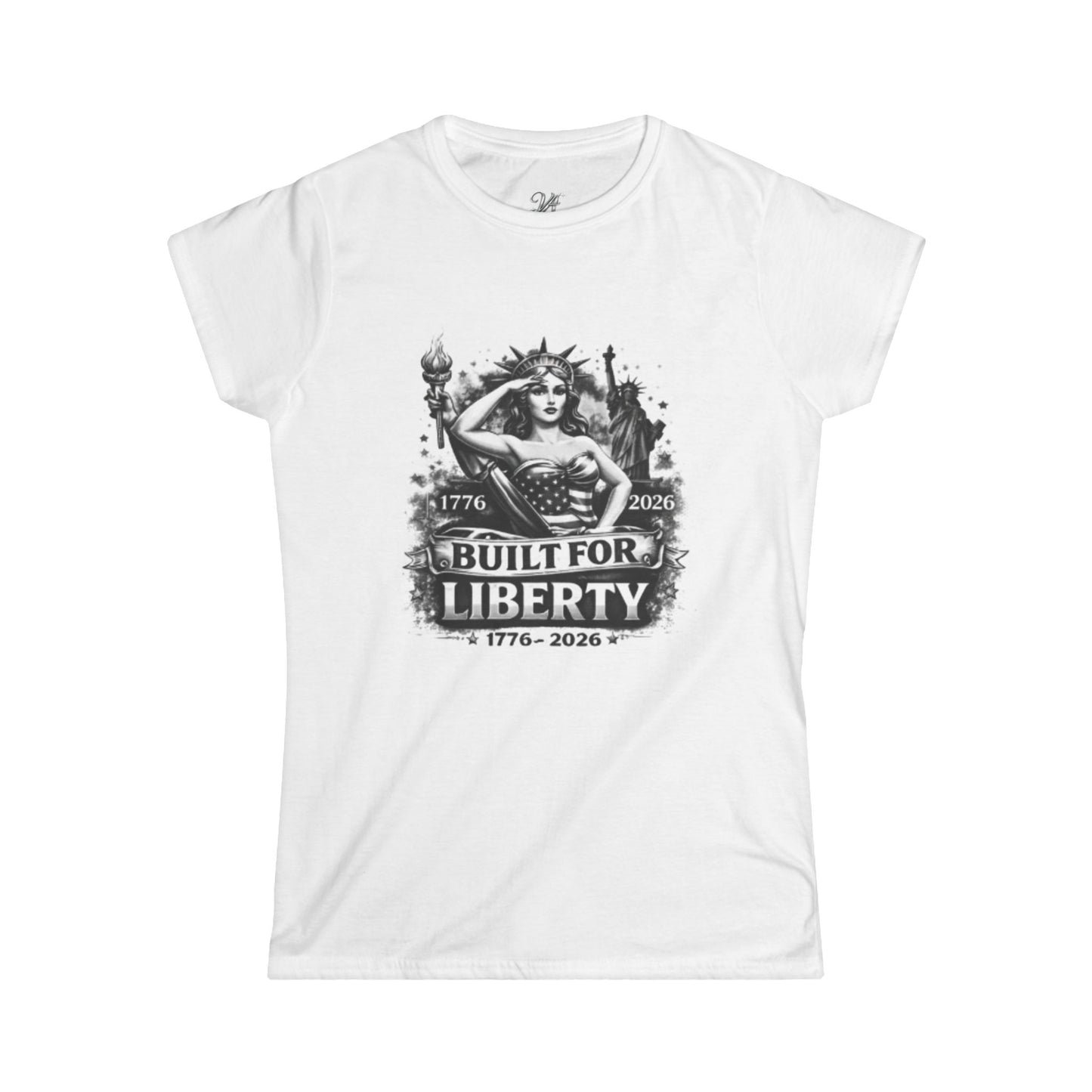 Women's Tee — Built for Liberty — Patriotic 1776–2026 American Flag Design