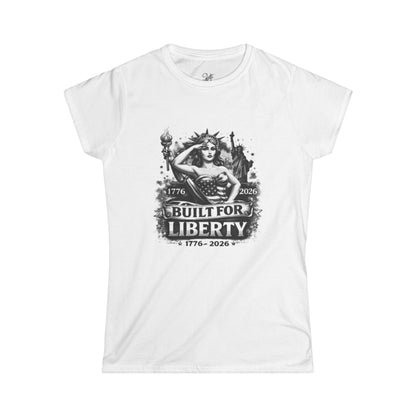Women's Tee — Built for Liberty — Patriotic 1776–2026 American Flag Design