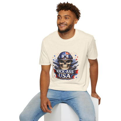 Unisex — Men's and Women's — Kick-Ass USA Skull T-Shirt — Patriotic American Flag Military Helmet Tee