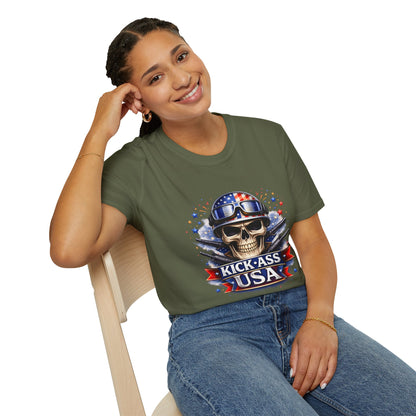 Unisex — Men's and Women's — Kick-Ass USA Skull T-Shirt — Patriotic American Flag Military Helmet Tee