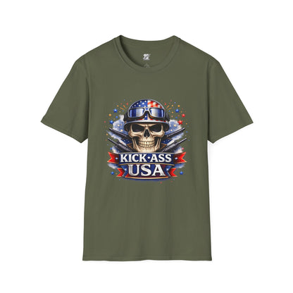 Unisex — Men's and Women's — Kick-Ass USA Skull T-Shirt — Patriotic American Flag Military Helmet Tee
