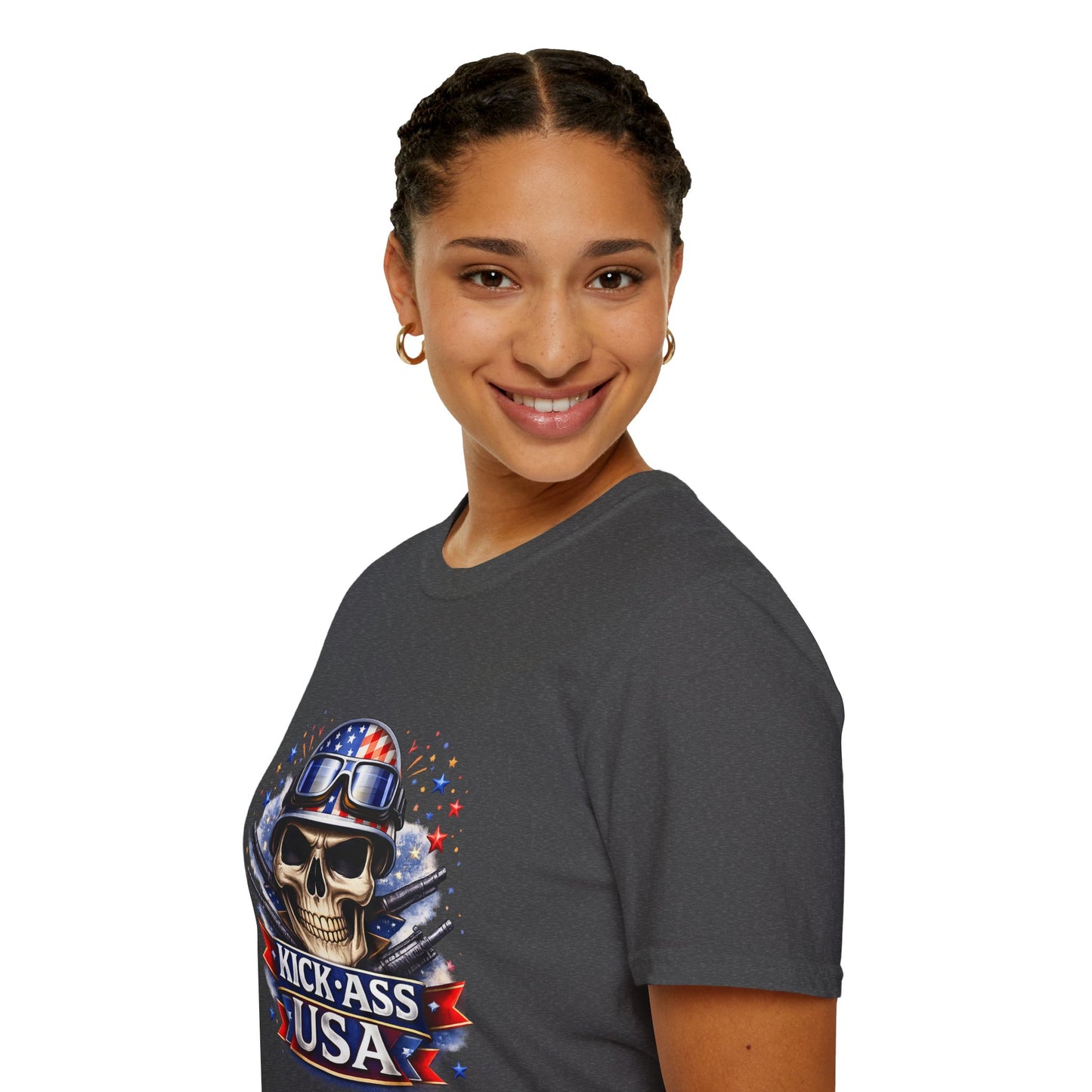 Unisex — Men's and Women's — Kick-Ass USA Skull T-Shirt — Patriotic American Flag Military Helmet Tee