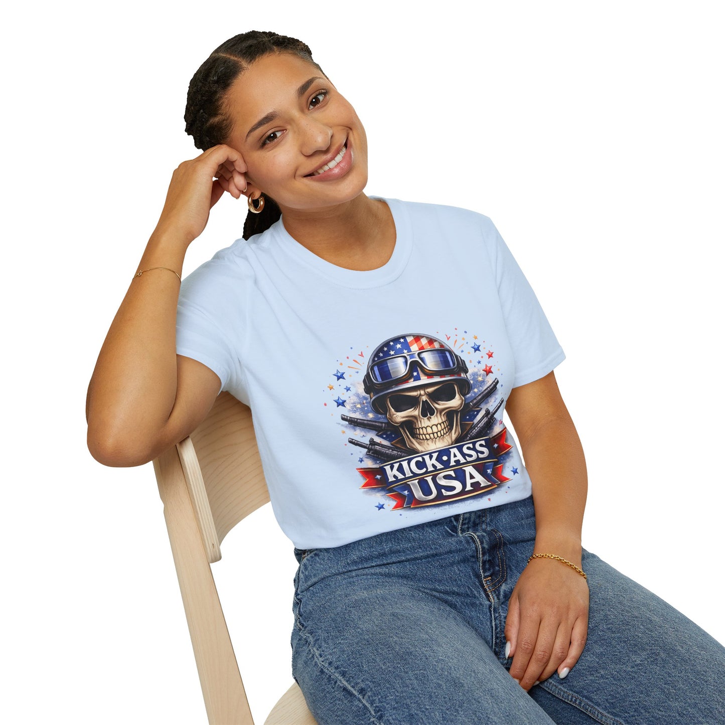 Unisex — Men's and Women's — Kick-Ass USA Skull T-Shirt — Patriotic American Flag Military Helmet Tee