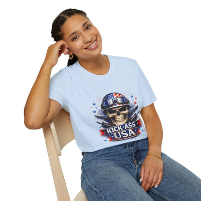 Unisex — Men's and Women's — Kick-Ass USA Skull T-Shirt — Patriotic American Flag Military Helmet Tee