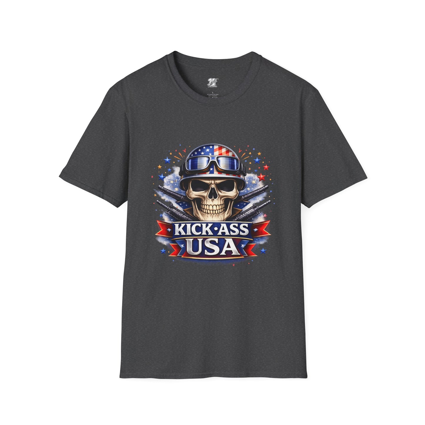 Unisex — Men's and Women's — Kick-Ass USA Skull T-Shirt — Patriotic American Flag Military Helmet Tee