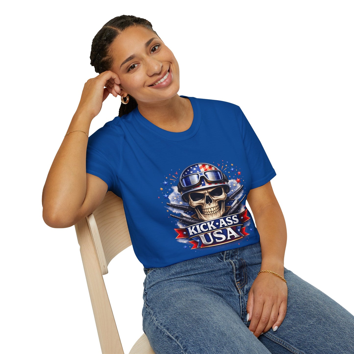 Unisex — Men's and Women's — Kick-Ass USA Skull T-Shirt — Patriotic American Flag Military Helmet Tee