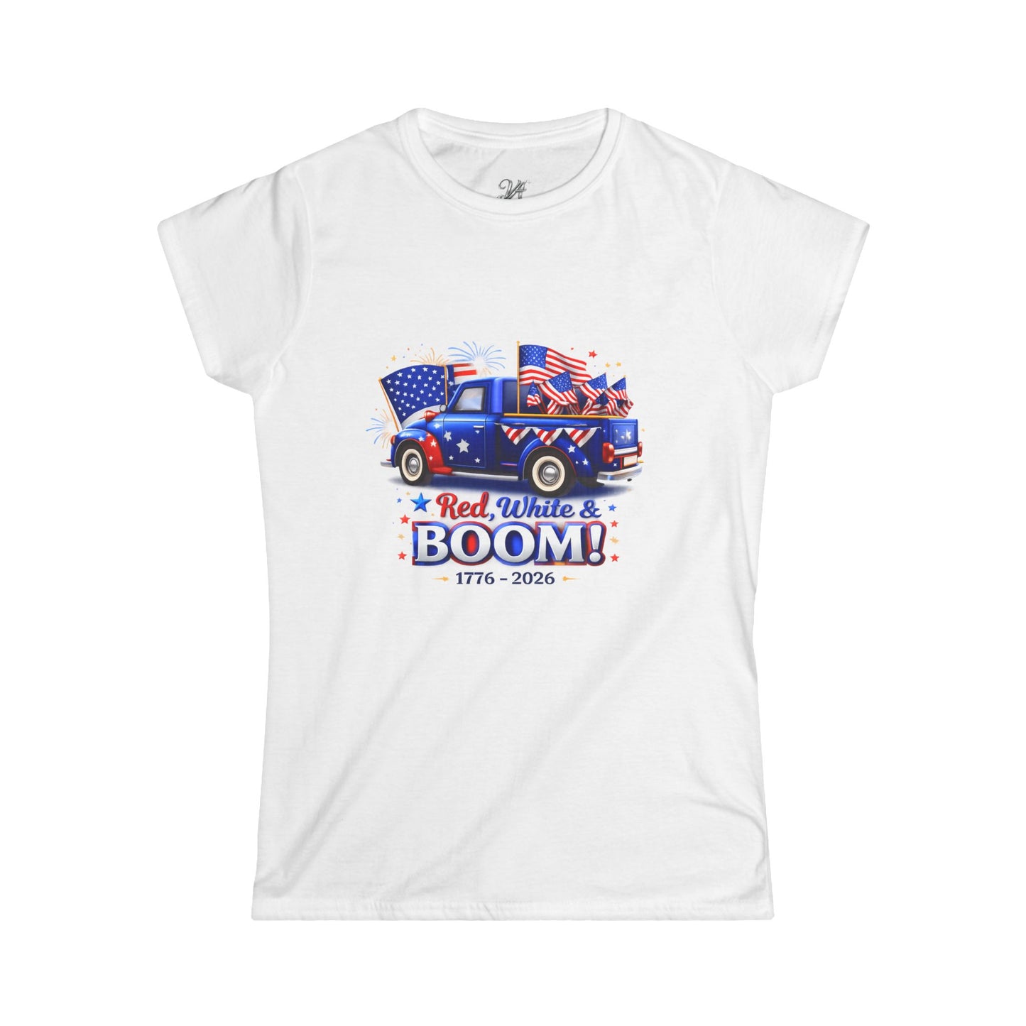 Women's Tee — Red White & Boom! Patriotic 1776-2026 Fourth of July Truck Design