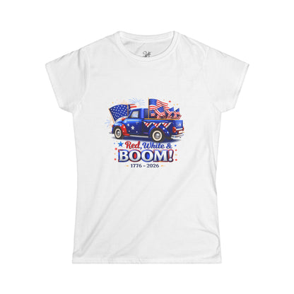 Women's Tee — Red White & Boom! Patriotic 1776-2026 Fourth of July Truck Design