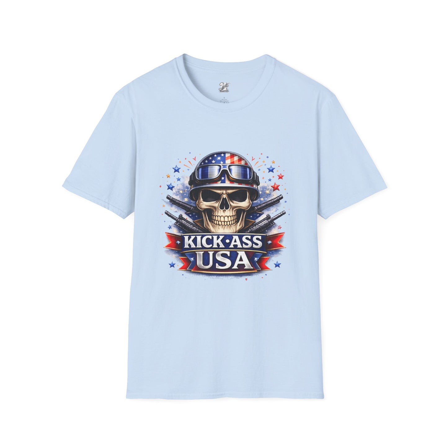 Unisex — Men's and Women's — Kick-Ass USA Skull T-Shirt — Patriotic American Flag Military Helmet Tee
