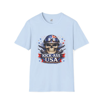 Unisex — Men's and Women's — Kick-Ass USA Skull T-Shirt — Patriotic American Flag Military Helmet Tee