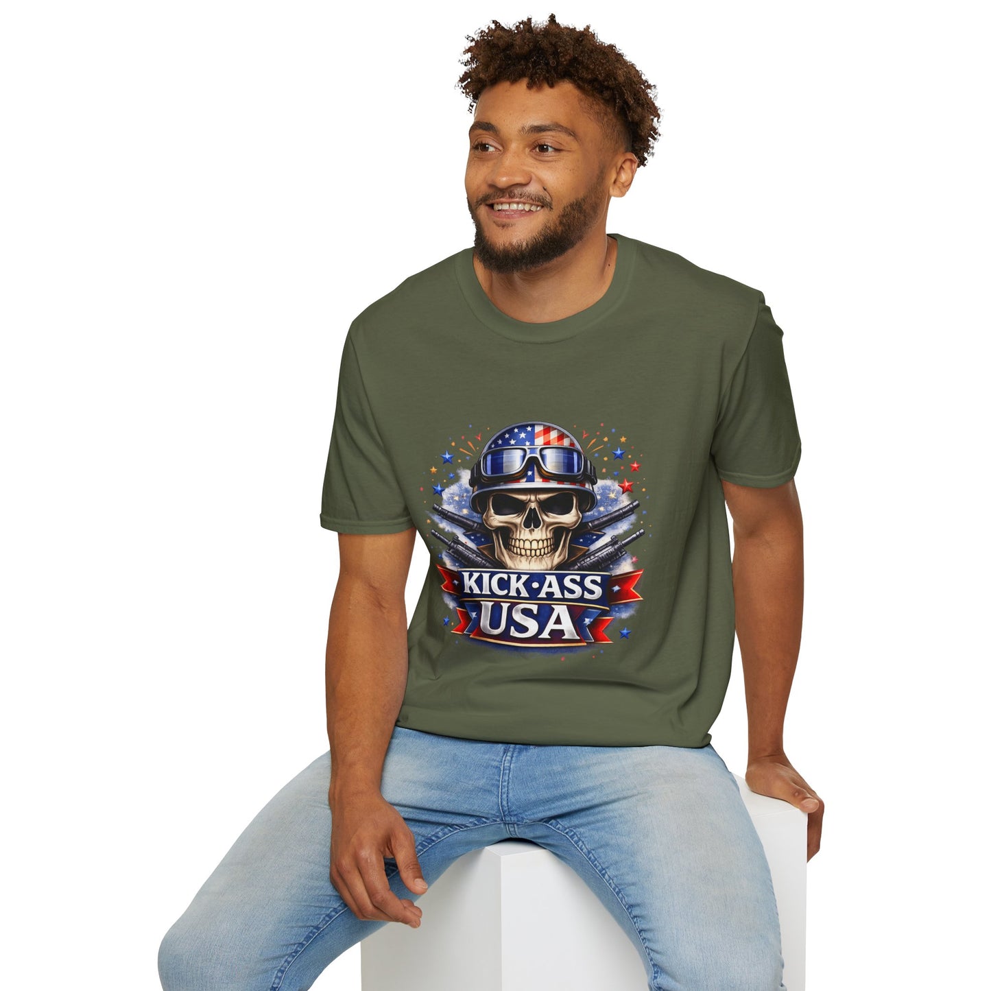 Unisex — Men's and Women's — Kick-Ass USA Skull T-Shirt — Patriotic American Flag Military Helmet Tee