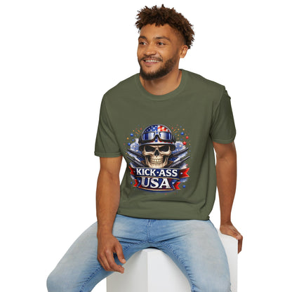Unisex — Men's and Women's — Kick-Ass USA Skull T-Shirt — Patriotic American Flag Military Helmet Tee