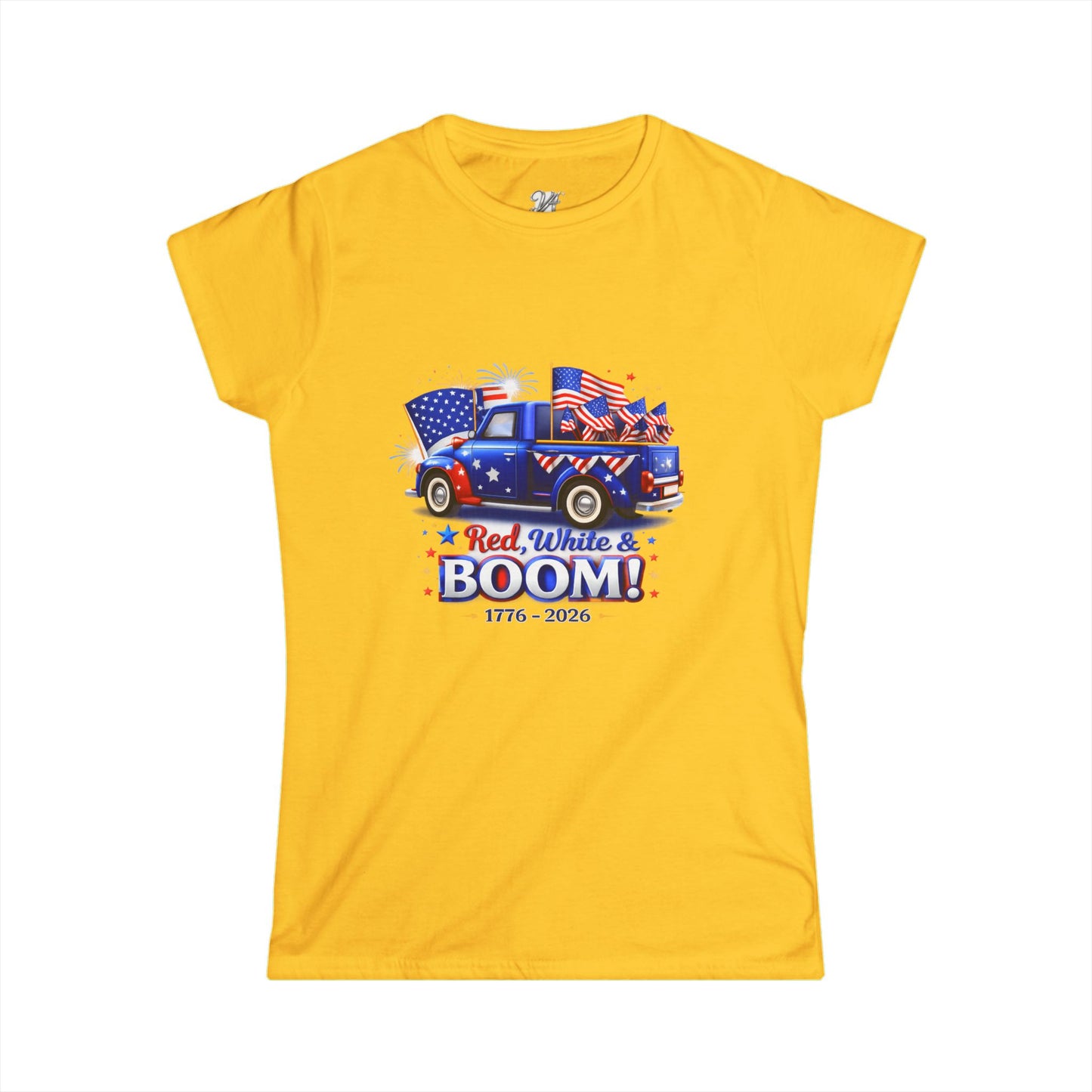 Women's Tee — Red White & Boom! Patriotic 1776-2026 Fourth of July Truck Design
