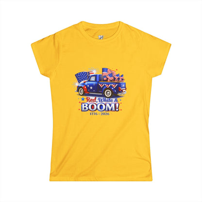 Women's Tee — Red White & Boom! Patriotic 1776-2026 Fourth of July Truck Design