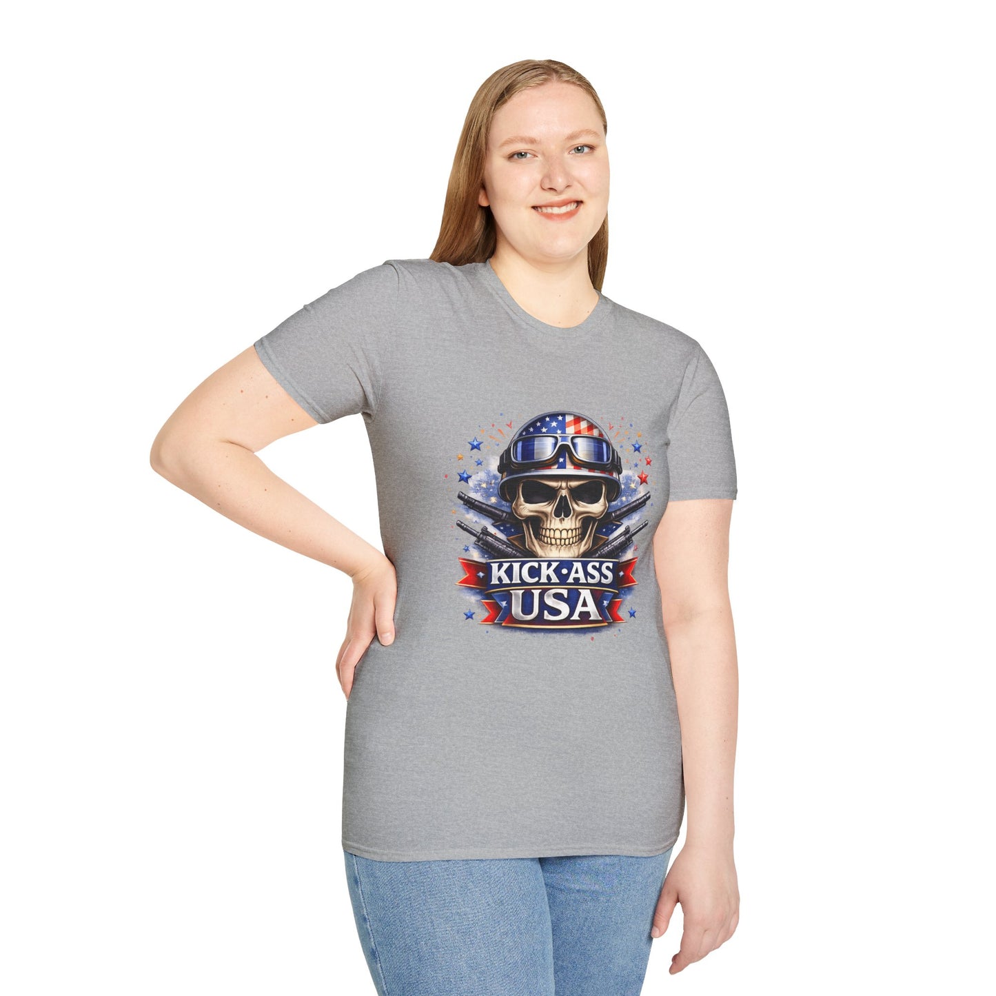 Unisex — Men's and Women's — Kick-Ass USA Skull T-Shirt — Patriotic American Flag Military Helmet Tee