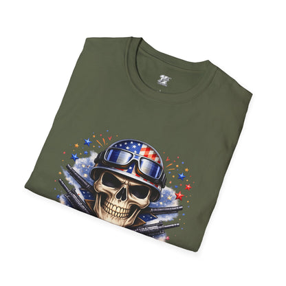 Unisex — Men's and Women's — Kick-Ass USA Skull T-Shirt — Patriotic American Flag Military Helmet Tee
