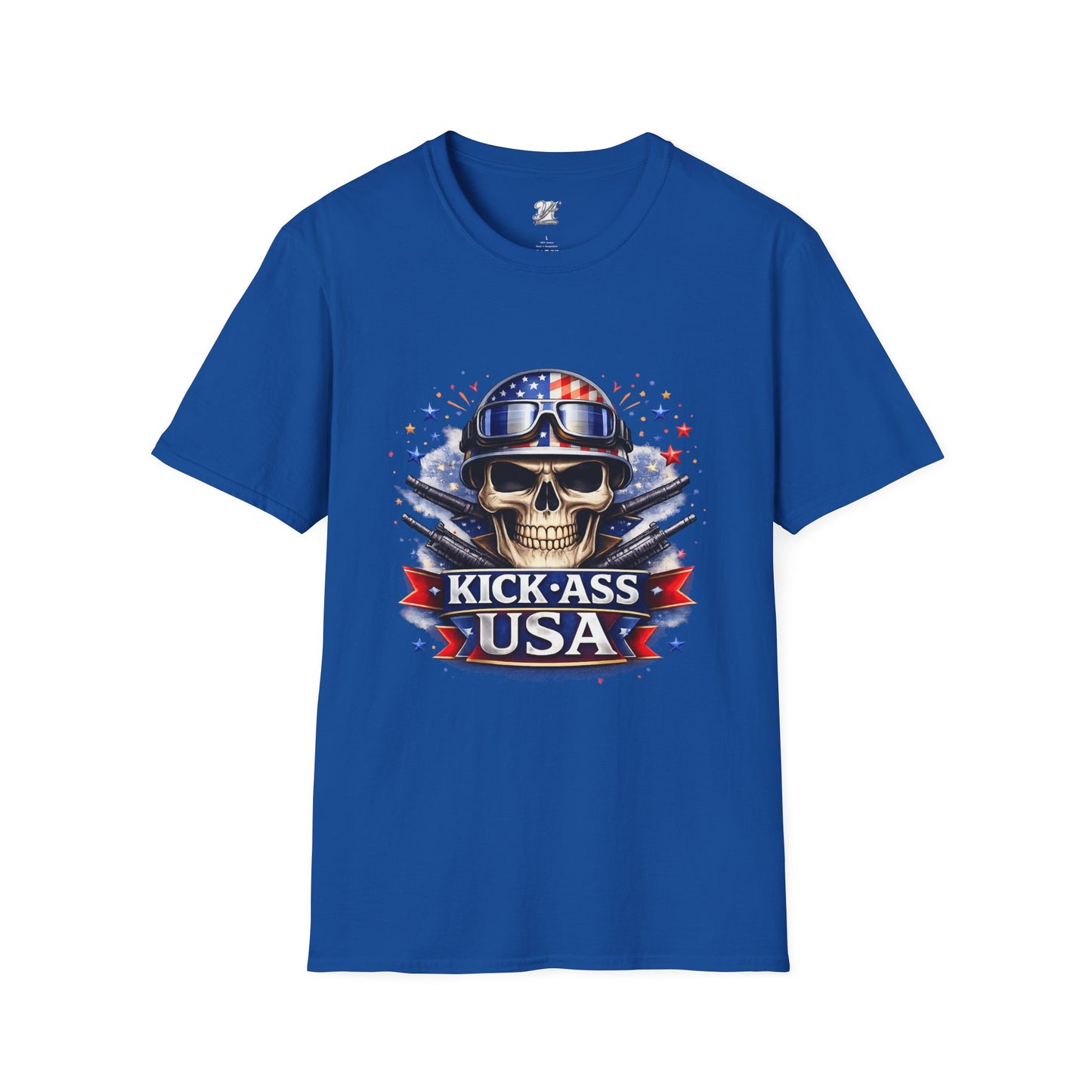 Unisex — Men's and Women's — Kick-Ass USA Skull T-Shirt — Patriotic American Flag Military Helmet Tee