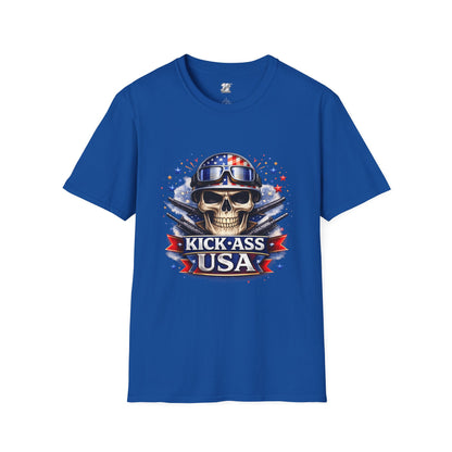 Unisex — Men's and Women's — Kick-Ass USA Skull T-Shirt — Patriotic American Flag Military Helmet Tee