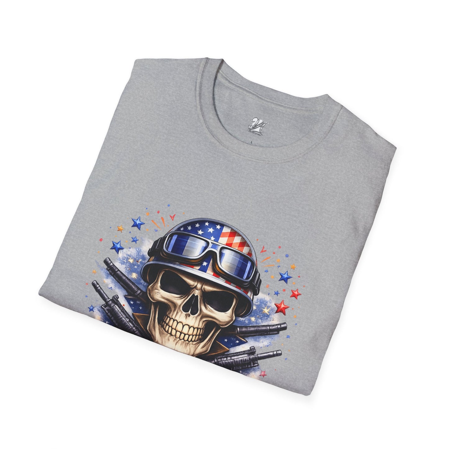 Unisex — Men's and Women's — Kick-Ass USA Skull T-Shirt — Patriotic American Flag Military Helmet Tee