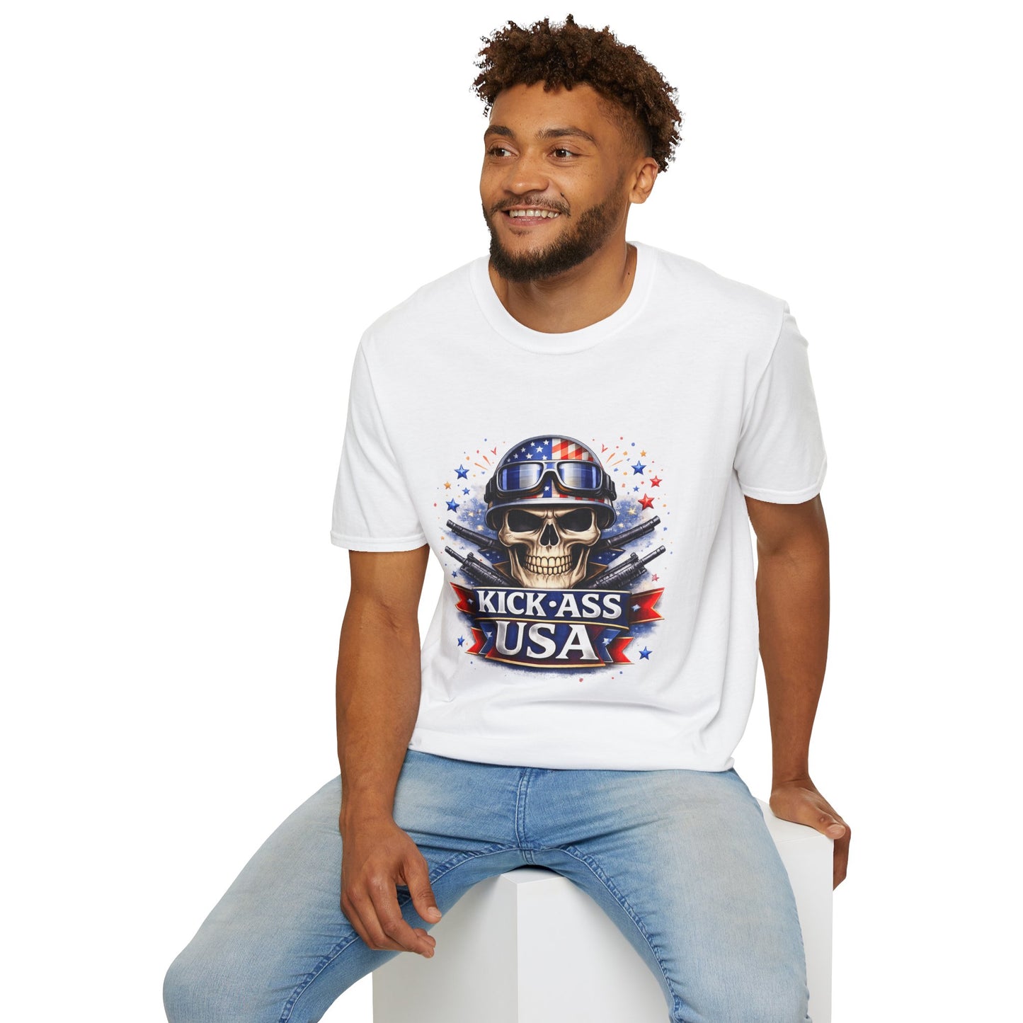 Unisex — Men's and Women's — Kick-Ass USA Skull T-Shirt — Patriotic American Flag Military Helmet Tee