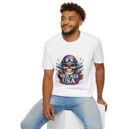 Unisex — Men's and Women's — Kick-Ass USA Skull T-Shirt — Patriotic American Flag Military Helmet Tee