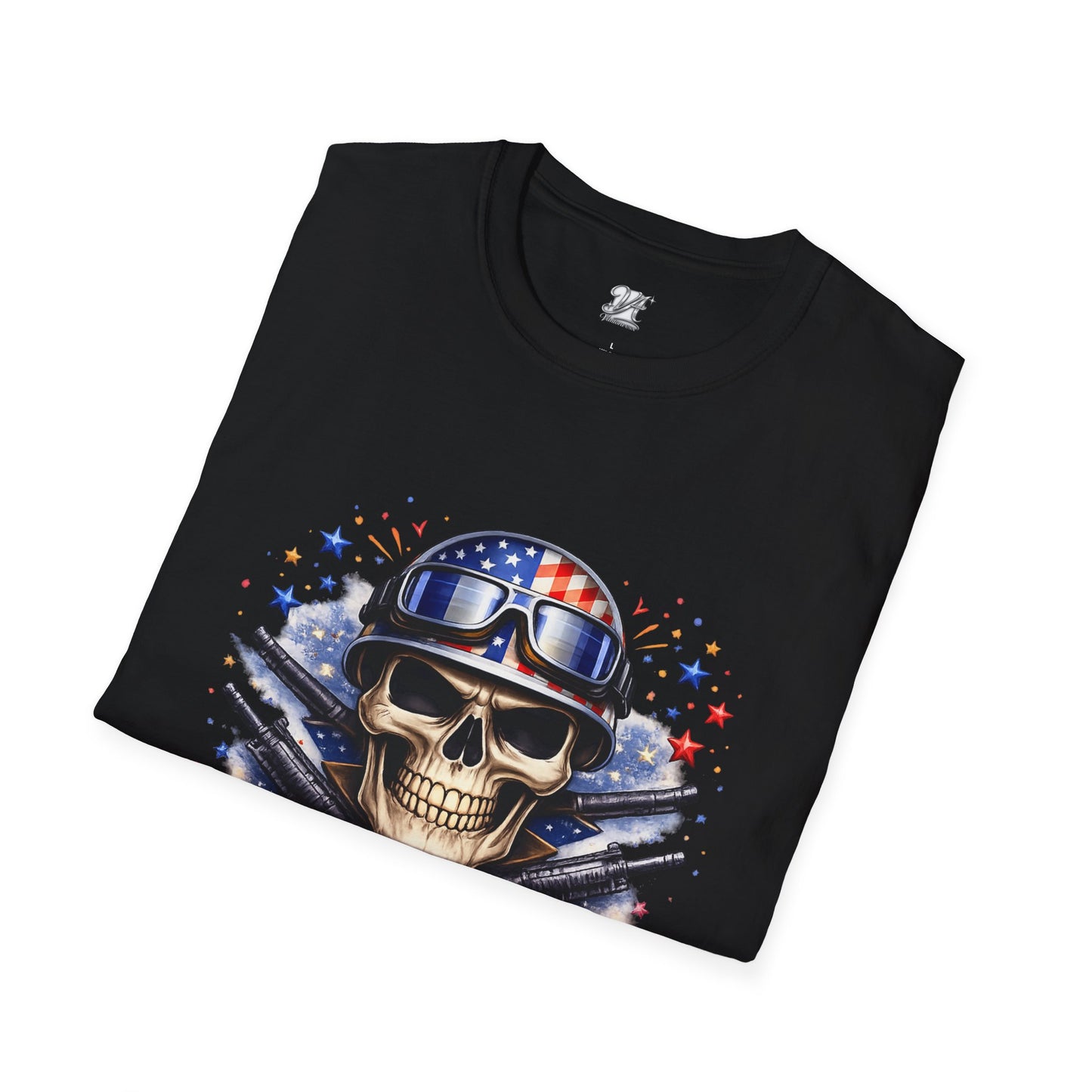 Unisex — Men's and Women's — Kick-Ass USA Skull T-Shirt — Patriotic American Flag Military Helmet Tee