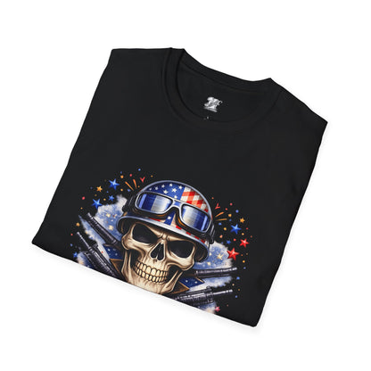 Unisex — Men's and Women's — Kick-Ass USA Skull T-Shirt — Patriotic American Flag Military Helmet Tee