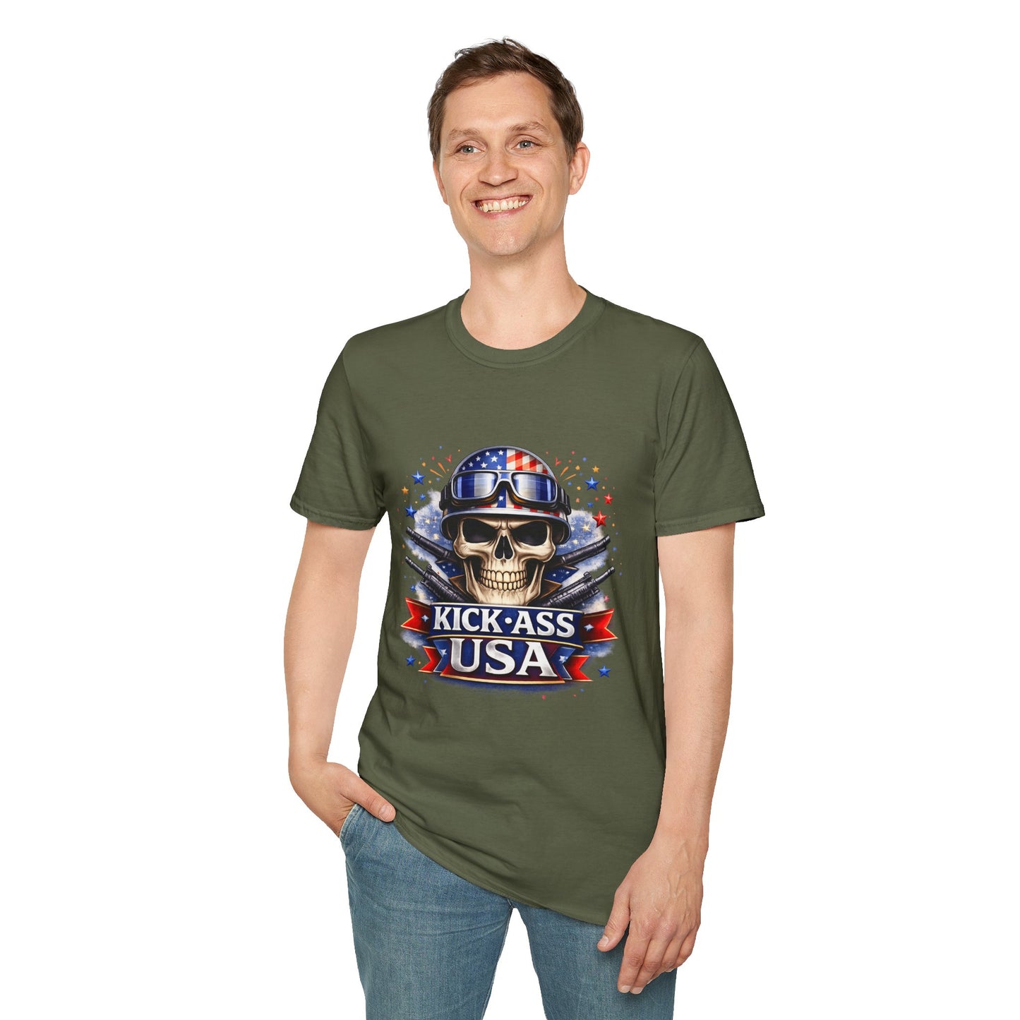 Unisex — Men's and Women's — Kick-Ass USA Skull T-Shirt — Patriotic American Flag Military Helmet Tee