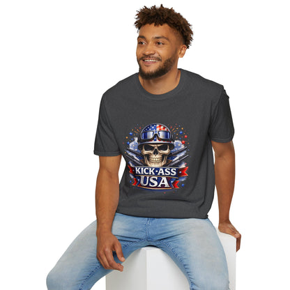 Unisex — Men's and Women's — Kick-Ass USA Skull T-Shirt — Patriotic American Flag Military Helmet Tee