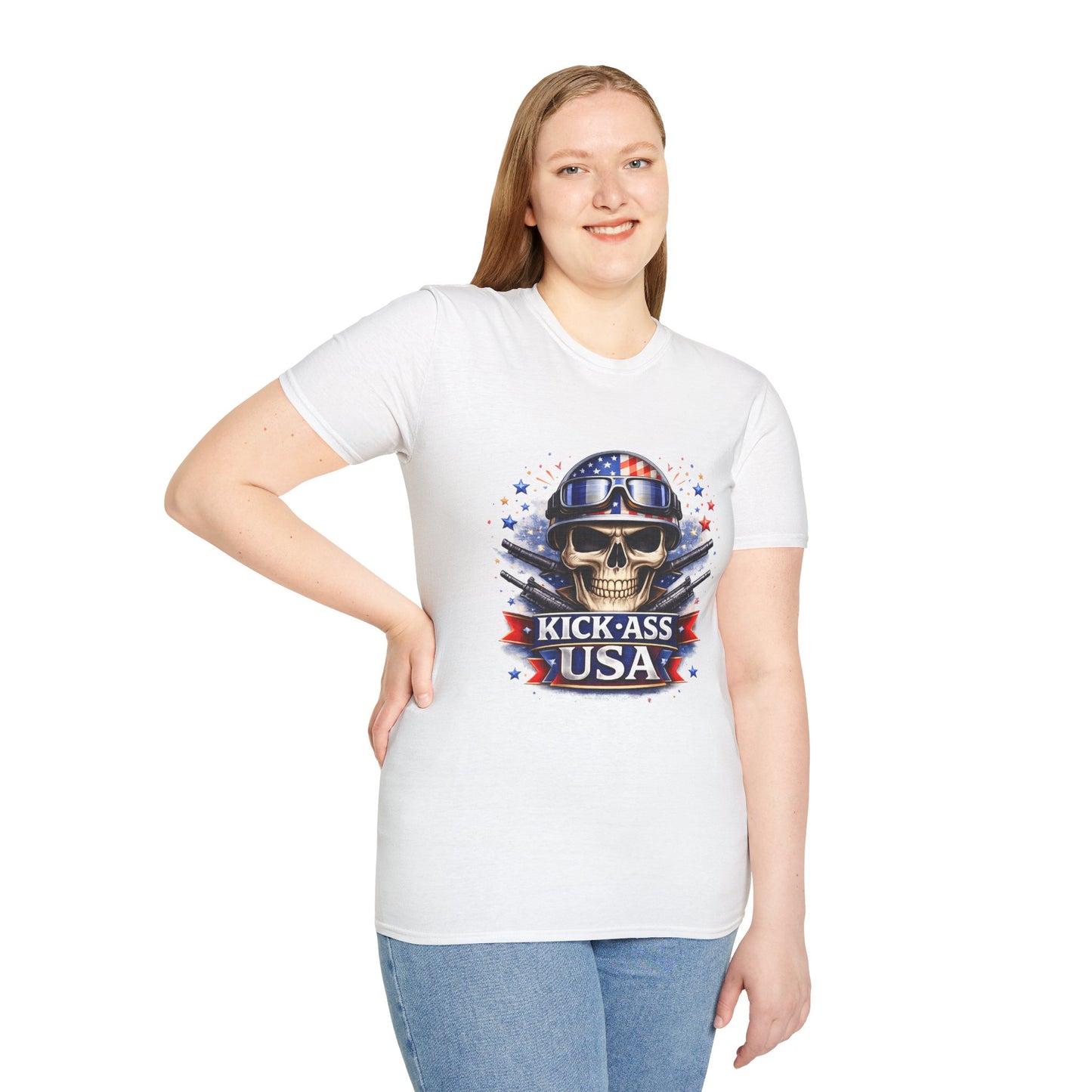 Unisex — Men's and Women's — Kick-Ass USA Skull T-Shirt — Patriotic American Flag Military Helmet Tee
