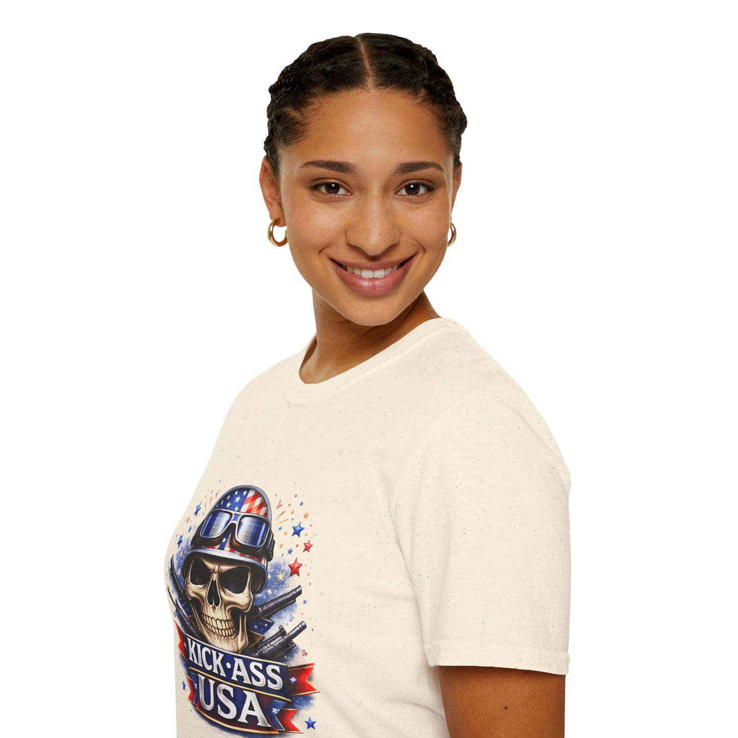 Unisex — Men's and Women's — Kick-Ass USA Skull T-Shirt — Patriotic American Flag Military Helmet Tee
