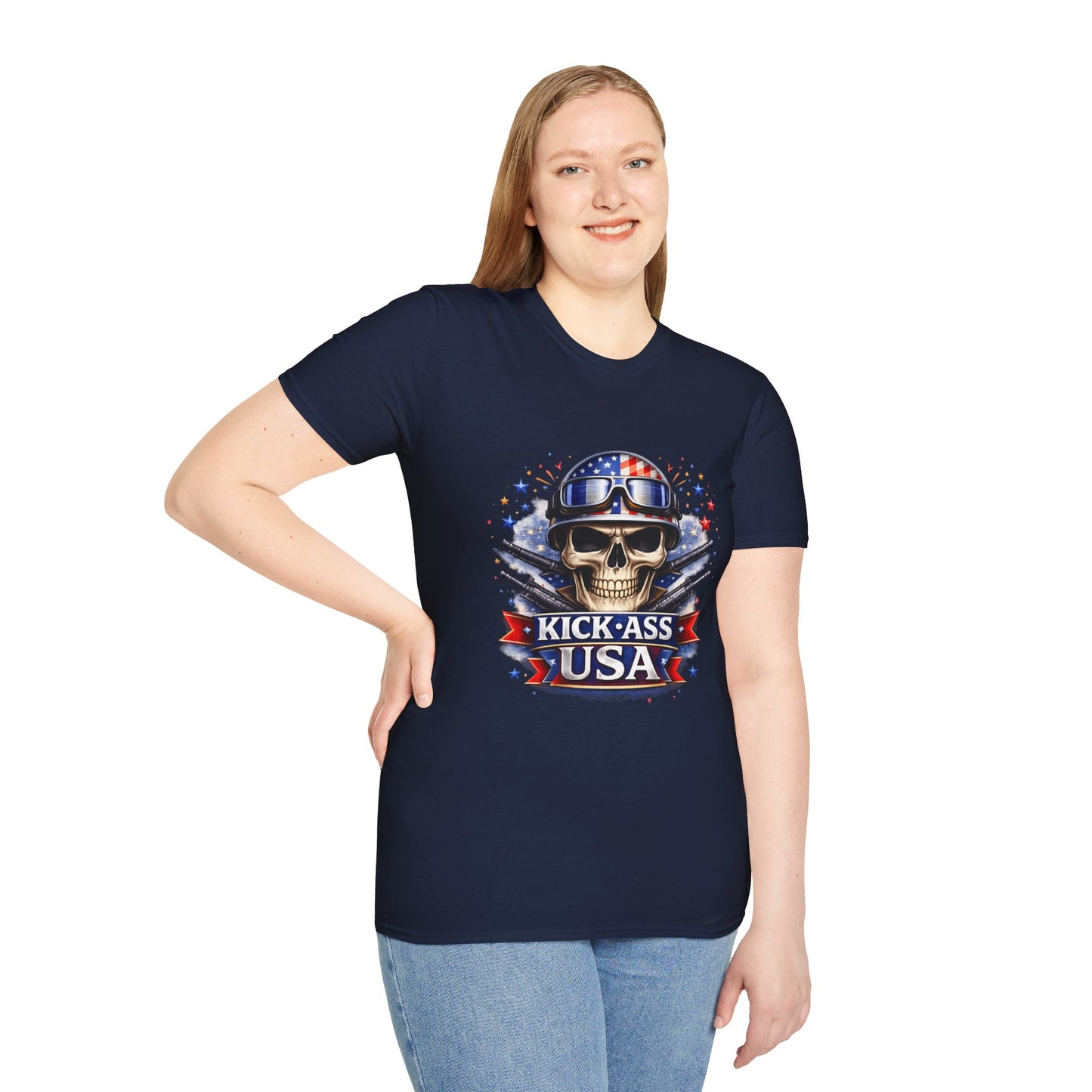 Unisex — Men's and Women's — Kick-Ass USA Skull T-Shirt — Patriotic American Flag Military Helmet Tee