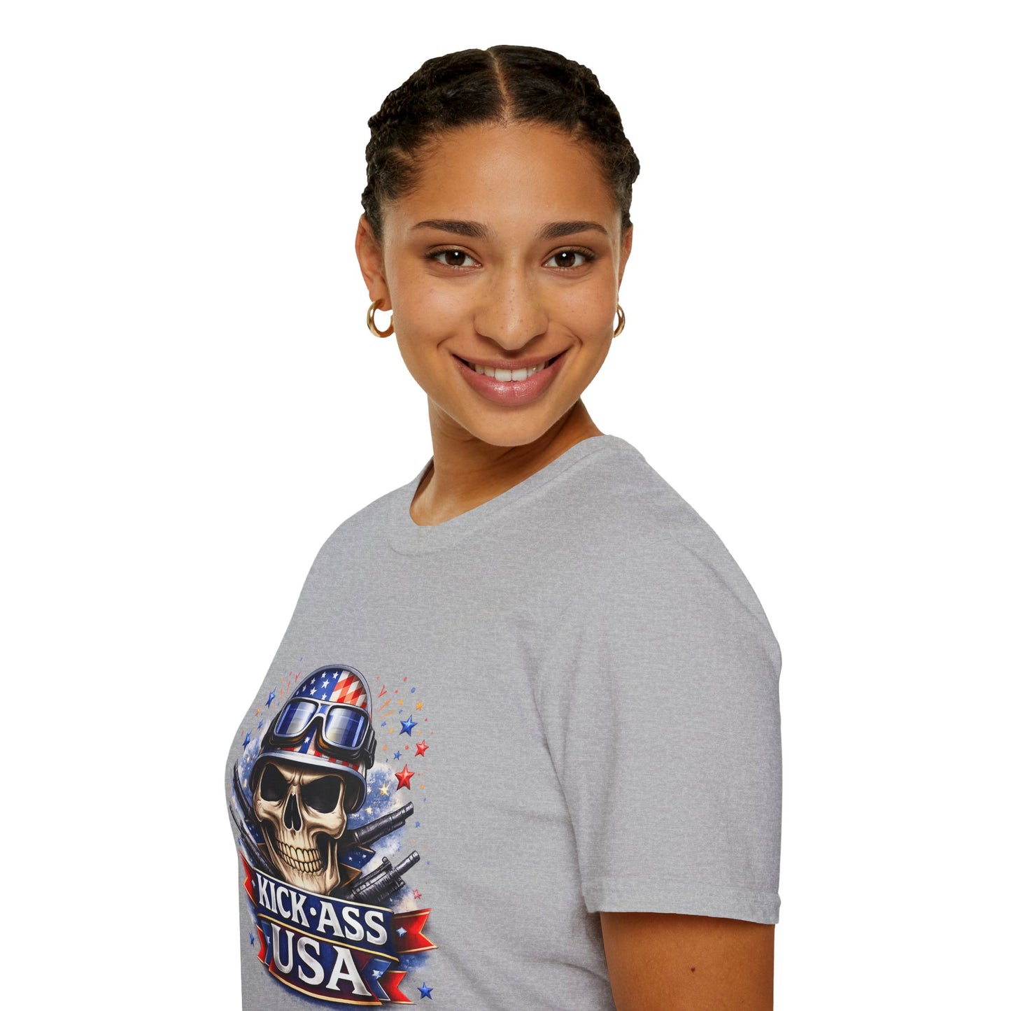 Unisex — Men's and Women's — Kick-Ass USA Skull T-Shirt — Patriotic American Flag Military Helmet Tee